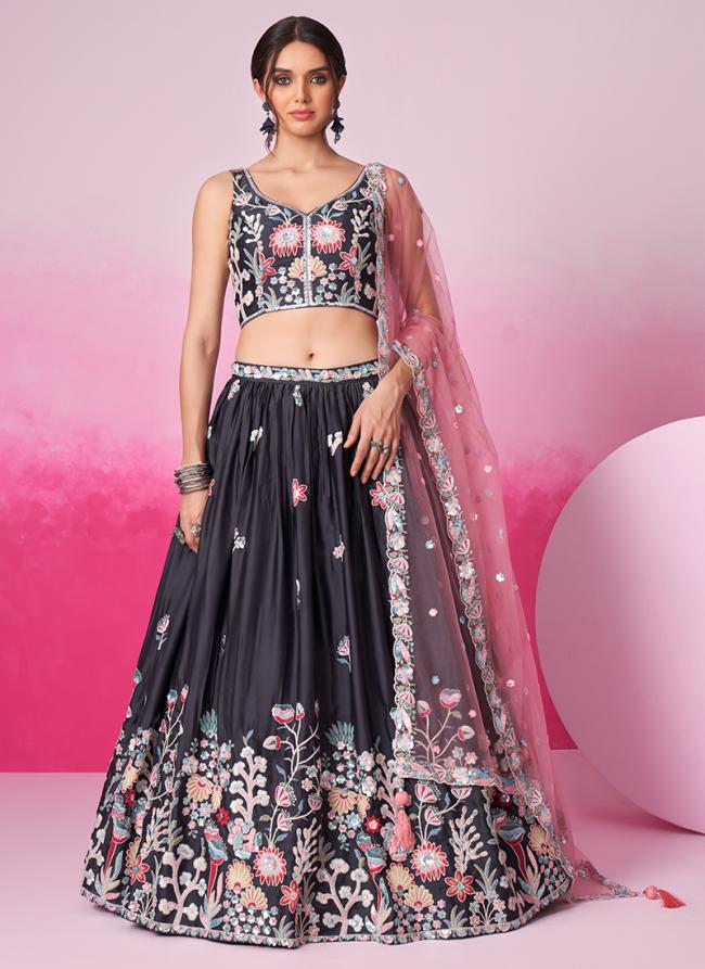 Sattin Silk Grey Wedding Wear Sequins Work Lehenga Choli